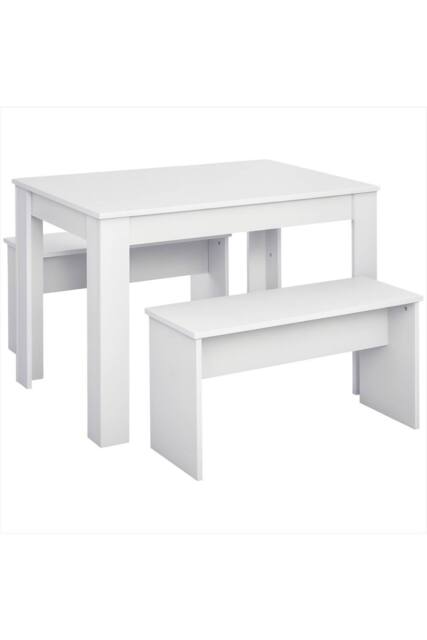 ERGOVEXA Kitchen Dining Table & 2 Benches Set, White - image 1