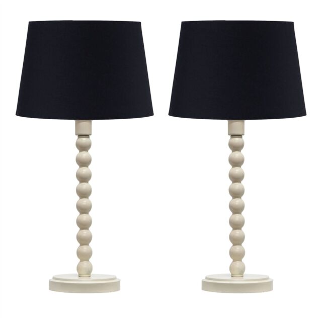 First Choice Lighting Set of 2 Bobbin - Ivory Lamps with Black Cotton Shades in White - image 1