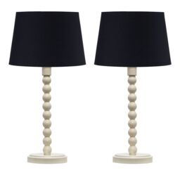First Choice Lighting Set of 2 Bobbin - Ivory Lamps with Black Cotton Shades in White - thumbnail 1