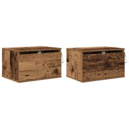 Berkfield Home Bedside Cabinets with LED Lights 2 pcs Wall-Mounted Old Wood in Brown - thumbnail 2