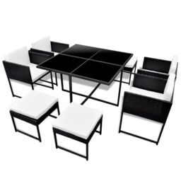 Berkfield Home 9 Piece Outdoor Dining Set with Cushions Poly Rattan Black - thumbnail 2