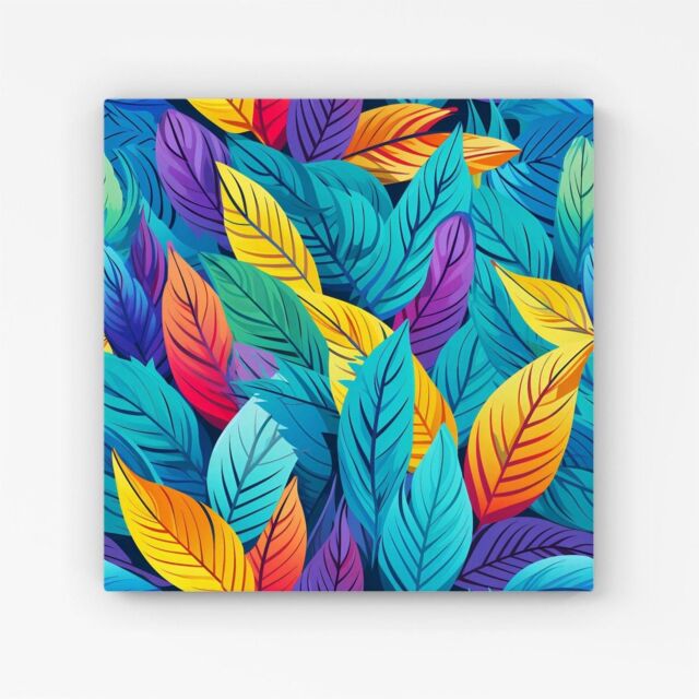 Warren Reed - Designer Bright Colourful Leaves Canvas in Blue - Size: w10 inch x h10 inch - image 1