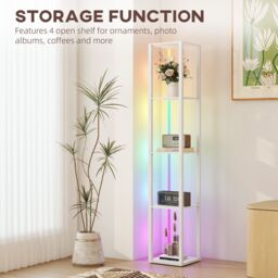 HOMCOM RGB LED Floor Lamp with Shelves & Remote Control for Bedroom, White - thumbnail 5