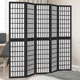 Berkfield Home Room Divider 5 Panels Black Solid Wood Paulownia - thumbnail 1