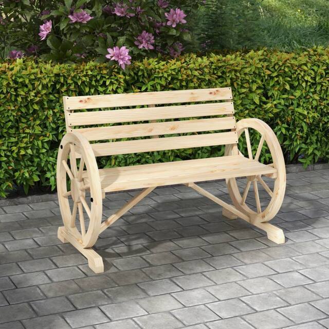 OUTSUNNY 2 Seater Garden Bench w/ Wooden Cart Wagon Wheel Natural - image 1