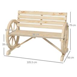 OUTSUNNY 2 Seater Garden Bench w/ Wooden Cart Wagon Wheel Natural - thumbnail 3
