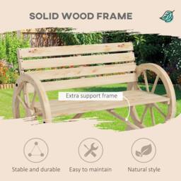 OUTSUNNY 2 Seater Garden Bench w/ Wooden Cart Wagon Wheel Natural - thumbnail 4