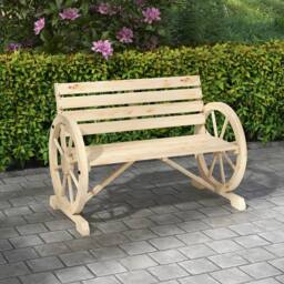 OUTSUNNY 2 Seater Garden Bench w/ Wooden Cart Wagon Wheel Natural - thumbnail 1