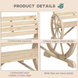 OUTSUNNY 2 Seater Garden Bench w/ Wooden Cart Wagon Wheel Natural - thumbnail 5