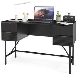 Gymax 120cm Home Office Desk Computer Desk With 4 Drawers & Metal Legs in Black - thumbnail 1