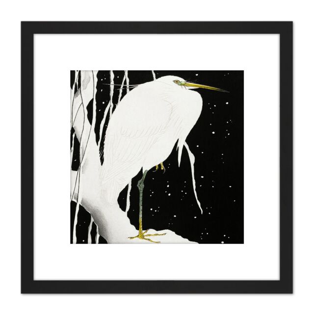 Artery8 Ohara Koson Heron In Snow Japan Painting 8X8 Inch Square Wooden Framed Wall Art Print Picture with Mount in Black - image 1