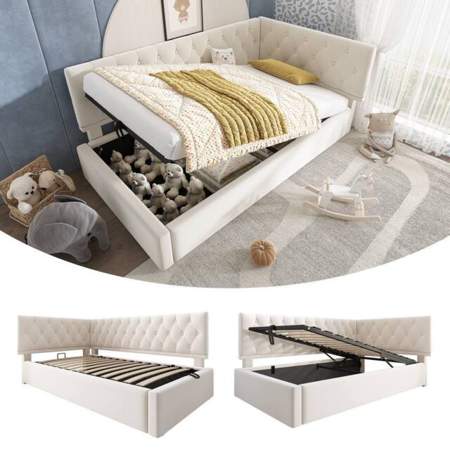ModernLuxe Upholstered ottoman daybed with hydraulic storage in Beige - Size: Single - image 1