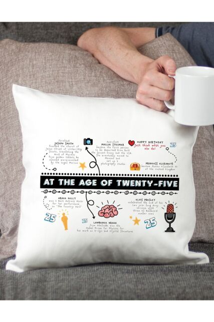 Afewhometruths 25th Birthday Fun Facts Cushion Gift in Off-White - Size: 40 cm x 40 cm