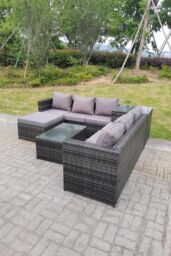 Fimous 7 Seater Rattan Corner Sofa Lounge Sofa Set With Oblong Coffee Table & Big Footstool in Dark Grey - thumbnail 3