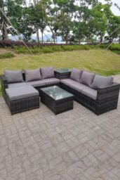 Fimous 7 Seater Rattan Corner Sofa Lounge Sofa Set With Oblong Coffee Table & Big Footstool in Dark Grey - thumbnail 4