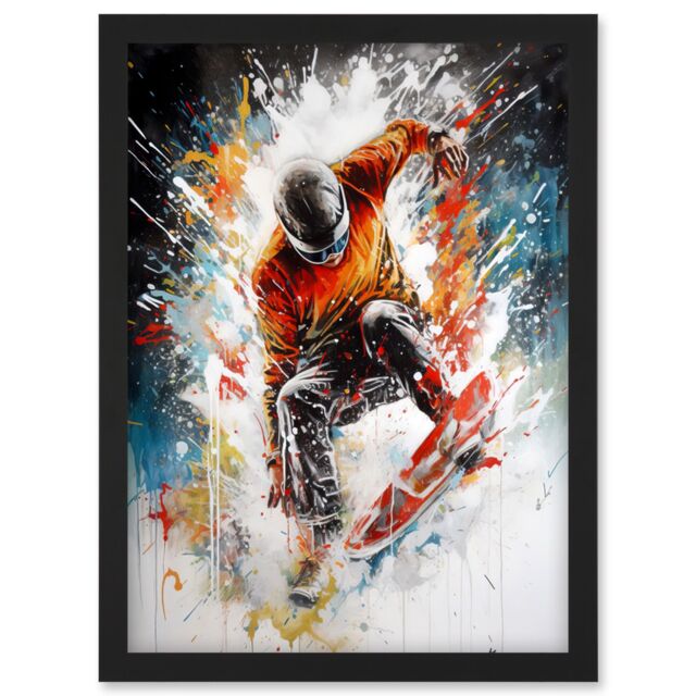 Artery8 Extreme Sports Snowboarding Paint Splat Portrait Artwork Framed Wall Art Print A4 in Black - image 1