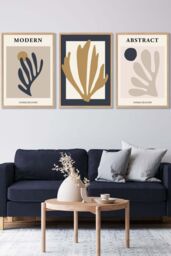ARTZE Set of 3 Oak Framed Matisse Style Floral Cut Out Navy & Yellow Wall Art - Size: W33 cm x H45 cm x D20mm - thumbnail 1
