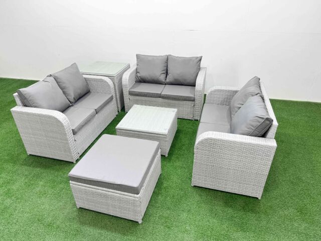 Fimous 7 Seater PE Wicker Rattan Furniture Sofa Sets with Square Coffee Table 2 Seater Love Sofa Big Footstool Side Table Light Grey - image 1