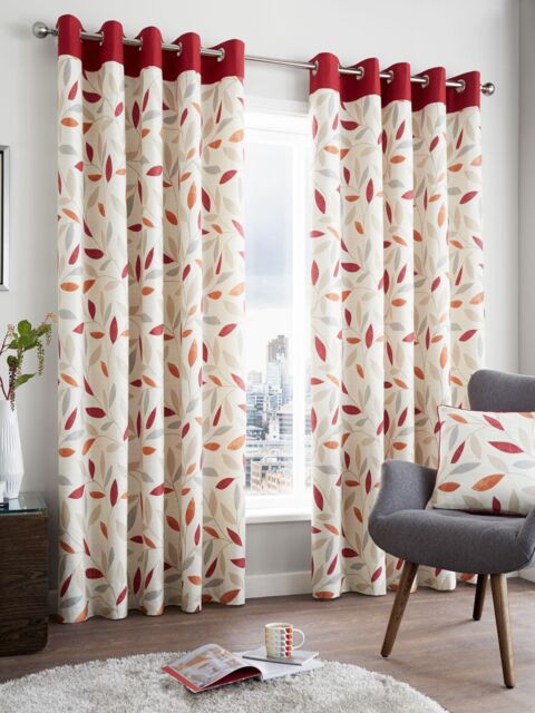 Fusion 'Beechwood' Leaf Trail Pair of 100% Cotton Eyelet Curtains in Red - Size: 117 cm width x 137 cm drop - image 1