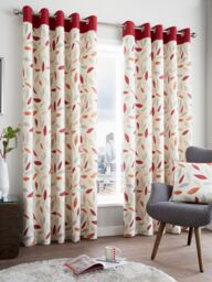 Fusion 'Beechwood' Leaf Trail Pair of 100% Cotton Eyelet Curtains in Red - Size: 117 cm width x 137 cm drop - thumbnail 1