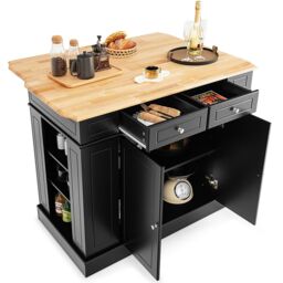 Gymax Kitchen Island Cupboard Drop Leaf Countertop Side Racks 2-Door Cabinet in Black