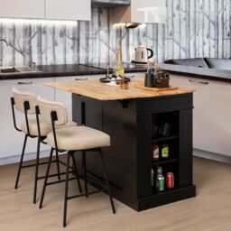 Gymax Kitchen Island Cupboard Drop Leaf Countertop Side Racks 2-Door Cabinet in Black - thumbnail 4