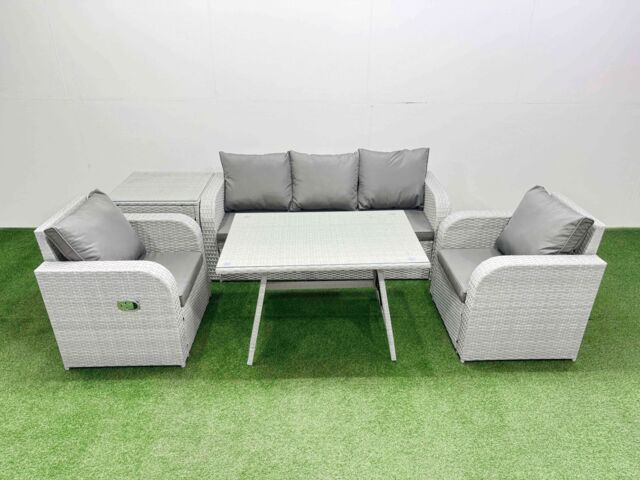 Fimous Reclining Chair 3 Seat Sofa Set Garden Furniture Set Side Table in Light Grey - image 1