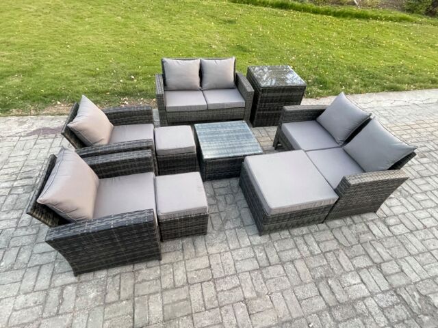 Fimous Outdoor Garden Furniture Sets 9 Pieces Wicker Rattan Furniture Manual Wicker Patio Sofa Set with 3 Footstools Side Table in Dark Grey