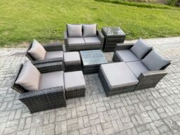 Fimous Outdoor Garden Furniture Sets 9 Pieces Wicker Rattan Furniture Manual Wicker Patio Sofa Set with 3 Footstools Side Table in Dark Grey - thumbnail 1