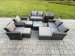 Fimous Outdoor Garden Furniture Sets 9 Pieces Wicker Rattan Furniture Manual Wicker Patio Sofa Set with 3 Footstools Side Table in Dark Grey - thumbnail 2