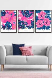 ARTZE Set of 3 Black Framed Navy Blue & Pink Flower Market Bouquets Wall Art - Size: W33 cm x H45 cm x D20mm - thumbnail 1