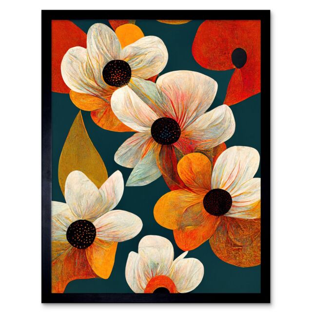 "Artery8 Wall Art Print Bold Colourful Daisies & Poppy Flowers Cobalt Orange Art Framed in Black - Size: W12"" x H16""" - image 1