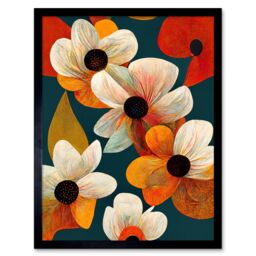"Artery8 Wall Art Print Bold Colourful Daisies & Poppy Flowers Cobalt Orange Art Framed in Black - Size: W12"" x H16""" - thumbnail 1