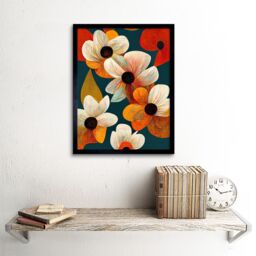"Artery8 Wall Art Print Bold Colourful Daisies & Poppy Flowers Cobalt Orange Art Framed in Black - Size: W12"" x H16""" - thumbnail 2