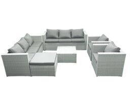Fimous Outdoor Rattan Sofa Garden Furniture Set with 2 Armchairs Square Coffee Table Big Footstool Light Grey Mixed - thumbnail 2