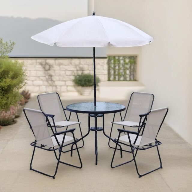 FURNOS 6 Piece Bistro Set With 4 Chairs, Table & Parasol in Cream - image 1