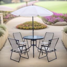 FURNOS 6 Piece Bistro Set With 4 Chairs, Table & Parasol in Cream - thumbnail 2
