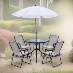 FURNOS 6 Piece Bistro Set With 4 Chairs, Table & Parasol in Cream - thumbnail 3