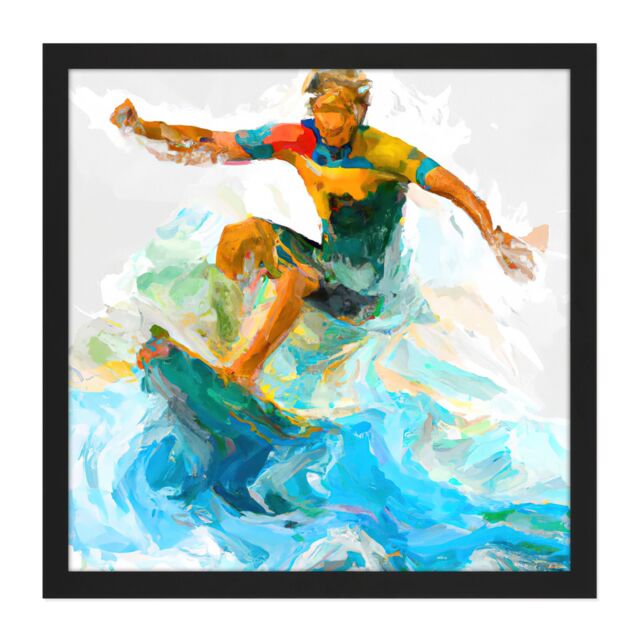 "Artery8 Wall Art Print Surfer Surfing Riding Point Break Wave Water Sport Sea Oil Painting Square Framed Picture 16X16 Inch - Size: W16"" x H16""" - image 1