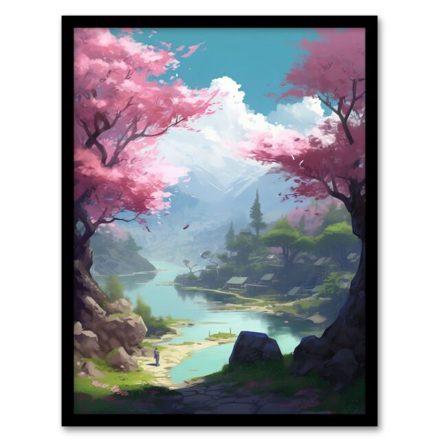 Artery8 Wall Art Print Cherry Blossoms in Springtime Painting Blooming Pink Trees in Tranquil Forest Lake Landscape Art Framed in Blue - Size: A4 - image 1