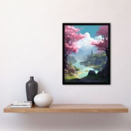 Artery8 Wall Art Print Cherry Blossoms in Springtime Painting Blooming Pink Trees in Tranquil Forest Lake Landscape Art Framed in Blue - Size: A4 - thumbnail 4
