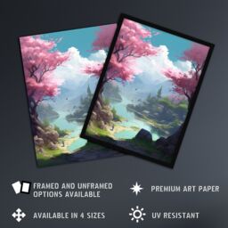 Artery8 Wall Art Print Cherry Blossoms in Springtime Painting Blooming Pink Trees in Tranquil Forest Lake Landscape Art Framed in Blue - Size: A4 - thumbnail 2