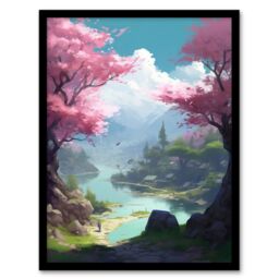 Artery8 Wall Art Print Cherry Blossoms in Springtime Painting Blooming Pink Trees in Tranquil Forest Lake Landscape Art Framed in Blue - Size: A4 - thumbnail 1