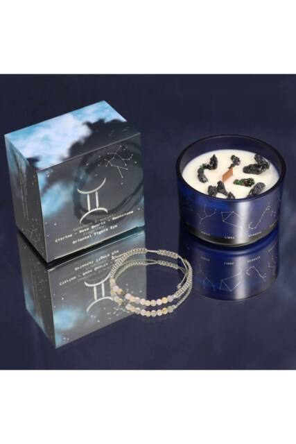 KDMD Gemini Zodiac Crystal Candle & Gemstone Bracelet Set, Tigers Eye in Blue - image 1