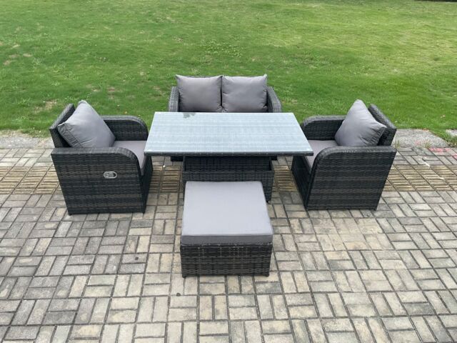 Fimous PE Rattan Outdoor Garden Furniture Set Height Adjustable Rising lifting Dining Table With Love Sofa Chair in Dark Grey - image 1