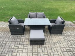 Fimous PE Rattan Outdoor Garden Furniture Set Height Adjustable Rising lifting Dining Table With Love Sofa Chair in Dark Grey - thumbnail 1