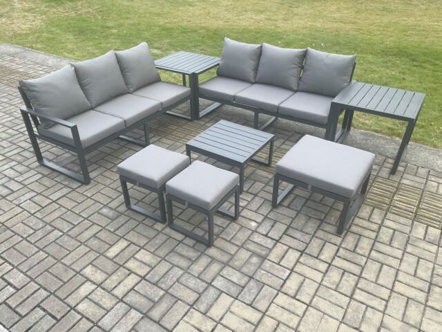 Fimous Aluminium 9 Seater Outdoor Garden Furniture Lounge Sofa Set with Square Coffee Table 3 Footstools 2 Side Tables Dark Grey - image 1