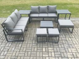 Fimous Aluminium 9 Seater Outdoor Garden Furniture Lounge Sofa Set with Square Coffee Table 3 Footstools 2 Side Tables Dark Grey - thumbnail 2