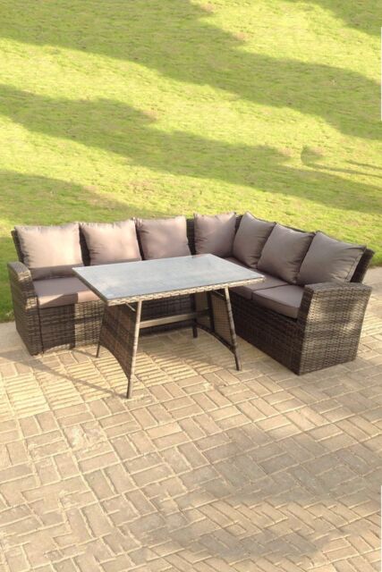 Fimous High Back Outdoor Rattan Corner Sofa Dining Set Table 6 Seater in Dark Grey - image 1