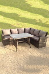 Fimous High Back Outdoor Rattan Corner Sofa Dining Set Table 6 Seater in Dark Grey - thumbnail 3